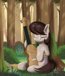 Size: 1280x1498 | Tagged: safe, artist:joaothejohn, character:octavia melody, species:earth pony, species:pony, g4, cello, cello bow, cute, eyebrows, eyebrows visible through hair, eyes closed, female, forest, hoof hold, mare, music, music notes, musical instrument, plants, sitting, solo, tavibetes, tree, underhoof