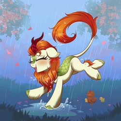Size: 4000x4000 | Tagged: safe, artist:confetticakez, character:autumn blaze, species:bird, species:duck, species:kirin, g4, awwtumn blaze, blushing, colored hooves, cute, duckling, eyebrows, eyes closed, floppy ears, flower petals, happy, hooves, open mouth, open smile, puddle, rain, smiling, solo, three quarter view, unshorn fetlocks, wet