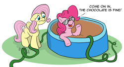 Size: 1983x1080 | Tagged: safe, artist:doodledonut, character:fluttershy, character:pinkie pie, species:earth pony, species:pegasus, species:pony, g4, chocolate, chocolate bath, comic, confused, dialogue, female, food, hose, mare, open mouth, raised hoof, simple background, sunglasses, swimming pool, text, three quarter view