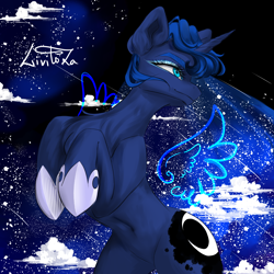 Size: 3200x3200 | Tagged: safe, artist:livitoza, character:princess luna, species:alicorn, species:pony, g4, artificial wings, augmented, belly button, clothing, colored eyebrows, cutie mark, eyebrows, female, floating wings, hoof shoes, mare, profile, rearing, shoes, signature, solo, wings