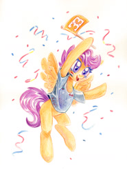 Size: 1253x1689 | Tagged: safe, artist:maytee, character:scootaloo, species:pegasus, species:pony, g4, clothing, colored pencil drawing, confetti, cute, cutealoo, face paint, female, filly, flag, formula 1, hoof hold, open mouth, open smile, shirt, simple background, smiling, solo, t-shirt, traditional art, white background, young