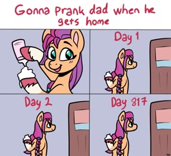 Size: 1055x964 | Tagged: safe, artist:atomivaras, character:sunny starscout, species:earth pony, species:pony, g5, my little pony: a new generation, 4 panel comic, abandonment, blushing, braid, coat markings, colored eyebrows, colored hooves, comic, door, eyebrows, female, food, hoof hold, hooves, implied argyle, implied death, looking at you, mare, meme, no pupils, oh no, open mouth, open smile, ponified, ponified meme, prank, profile, sad, smiling, smiling at you, socks (coat marking), solo, standing, text, the implications are horrible, too soon, unshorn fetlocks, waiting, we are going to hell, whipped cream