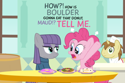 Size: 1350x900 | Tagged: safe, artist:dm29, character:boulder, character:donut joe, character:maud pie, character:pinkie pie, species:earth pony, species:pony, species:unicorn, g4, dialogue, donut, elmo, female, food, looking at each other, male, mare, open mouth, profile, sesame street, sitting, stallion, table, text, three quarter view