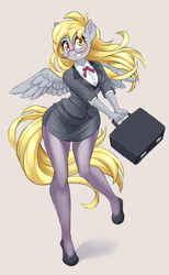 Size: 1184x1920 | Tagged: safe, alternate version, artist:dstears, character:derpy hooves, species:anthro, species:pegasus, species:plantigrade anthro, g4, adorasexy, beige background, businessmare, clothing, cute, derpabetes, female, glasses, gradient background, legs, looking at you, mare, meganekko, miniskirt, office, office lady, pantyhose, round glasses, sexy, shoes, side slit, simple background, skirt, skirt suit, smiling, smiling at you, solo, spread wings, suit, suitcase, wings
