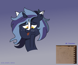 Size: 4813x4041 | Tagged: safe, artist:s-class-destroyer, oc, oc:witching hour, species:pony, species:unicorn, blep, blue background, bust, digital art, freckles, gradient background, looking down, raised hoof, simple background, sketch, squishy cheeks, stripes, tongue out, vector