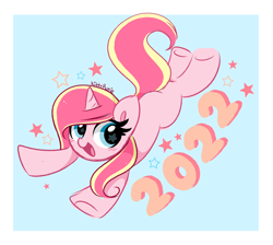 Size: 3772x3375 | Tagged: safe, artist:kittyrosie, oc, oc:rosa flame, species:pony, species:unicorn, g4, cute, female, happy new year 2022, holiday, horn, looking at you, mare, new year, ocbetes, open mouth, open smile, simple background, smiling, starry eyes, stars, three quarter view, underhoof, unicorn oc