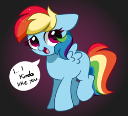 Size: 2896x2643 | Tagged: safe, artist:kittyrosie, character:rainbow dash, species:pegasus, species:pony, g4, blank flank, blushing, bronybait, colored pupils, cute, dashabetes, dialogue, female, filly, floppy ears, foal, gradient background, hnnng, looking at you, missing cutie mark, open mouth, open smile, raised leg, simple background, smiling, smiling at you, solo, speech bubble, spread wings, talking to viewer, text, weapons-grade cute, wings, young, younger