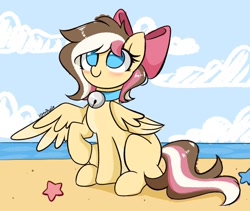 Size: 1024x866 | Tagged: safe, artist:kittyrosie, oc, oc only, species:pegasus, species:pony, g4, beach, bell collar, black outlines, blushing, bow, cloud, collar, cute, female, hair bow, mare, no pupils, ocbetes, outdoors, pegasus oc, raised hoof, sand, signature, sitting, sky, solo, starfish