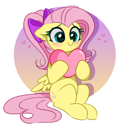 Size: 4531x4536 | Tagged: safe, artist:kittyrosie, character:fluttershy, species:pegasus, species:pony, g4, absurd resolution, alternate hairstyle, blushing, bow, cute, eyebrows, female, floppy ears, gradient background, hair bow, heart, heart eyes, hoof hold, kittyrosie is trying to murder us, mare, ponytail, shyabetes, signature, simple background, sitting, smiling, solo, weapons-grade cute, wingding eyes, wings