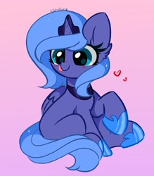 Size: 3585x4096 | Tagged: safe, artist:kittyrosie, character:princess luna, species:alicorn, species:pony, g4, abstract background, blank flank, blep, blushing, clothing, crown, cute, female, filly, filly luna, heart, hoof shoes, jewelry, lunabetes, necklace, peytral, pink background, raised hoof, regalia, s1 luna, shoes, signature, simple background, sitting, solo, tongue out, woona, young, younger