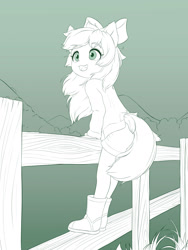Size: 1800x2400 | Tagged: safe, artist:symbianl, character:apple bloom, species:anthro, species:earth pony, species:plantigrade anthro, g4, adorabloom, apple family member, boots, bow, clothing, cute, ear fluff, eyebrows, eyebrows visible through hair, female, fence, filly, gradient background, hair bow, limited palette, monochrome, mountain, mountain range, open mouth, open smile, shirt, shoes, shorts, smiling, solo, tail, three quarter view, young