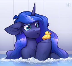 Size: 2192x2026 | Tagged: safe, artist:argigen, character:princess luna, species:alicorn, species:pony, g4, amogus, amogus eyes, among us, bath, bathroom, bubble, colored hooves, crossover, ear fluff, eyebrows, eyebrows visible through hair, female, floppy ears, hooves, indoors, mare, meme, rubber duck, sad, signature, solo, teary eyes, toy, unshorn fetlocks, wet, wet mane, when you see it