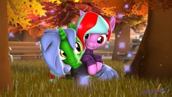 Size: 3840x2160 | Tagged: safe, artist:melodiousmarci, oc, oc:omega(phosphorshy), oc:star beats, species:pegasus, species:pony, species:unicorn, 3d, autumn, basket, bench, grass, happy, looking at each other, looking at someone, lying down, melodiousphosphor, oc x oc, scenebuild, shipping, source filmmaker, sparkles, sunset, table, tree