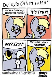 Size: 1752x2643 | Tagged: safe, artist:melodysketch, character:derpy hooves, species:pegasus, species:pony, g4, comic, comictober2022, dialogue, happy, panel break, solo, watch