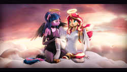 Size: 9600x5400 | Tagged: safe, artist:imafutureguitarhero, character:sunset shimmer, character:twilight sparkle, character:twilight sparkle (scitwi), species:anthro, species:classical unicorn, species:eqg human, species:pony, species:unguligrade anthro, species:unicorn, g4, my little pony:equestria girls, 3d, clothing, cloven hooves, collar, dress, duo, duo female, explicit source, fake wings, female, females only, hair bun, halo, hooves, horn, implied scitwishimmer, implied shipping, jewelry, leonine tail, mare, necklace, shipping, shoulder fluff, source filmmaker, unshorn fetlocks