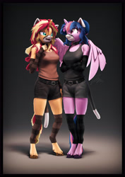 Size: 4000x5656 | Tagged: safe, artist:imafutureguitarhero, character:sunset shimmer, character:twilight sparkle, character:twilight sparkle (alicorn), character:twilight sparkle (scitwi), species:alicorn, species:anthro, species:classical unicorn, species:eqg human, species:pony, species:unicorn, g4, my little pony:equestria girls, 3d, alicornified, cat ears, clothing, cloven hooves, collar, colored eyebrows, duo, duo female, equestria girls ponified, explicit source, fake tail, female, females only, gloves, hair bun, hooves, horn, leonine tail, long gloves, mask, ponified, race swap, scitwilicorn, shorts, simple background, socks, source filmmaker, species swap, striped gloves, striped socks, tank top, unshorn fetlocks