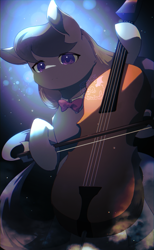 Size: 632x1024 | Tagged: safe, artist:merriie, character:octavia melody, species:earth pony, species:pony, g4, abstract background, bow, bow (instrument), bow tie, cello, cello bow, clothing, detailed background, female, looking at you, mare, musical instrument, solo