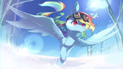 Size: 1080x607 | Tagged: safe, artist:merriie, character:rainbow dash, species:pegasus, species:pony, g4, colored pupils, female, flying, goggles, mare, sky, snow, solo, spread wings, tree, wings, winter