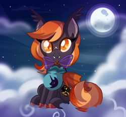Size: 3152x2918 | Tagged: safe, artist:spookyle, oc, oc only, oc:harvest moon, species:bat pony, species:pony, g4, bat pony oc, cloud, colored hooves, cute, female, front view, full face view, full moon, hooves, looking at you, mare, moon, night, night sky, ocbetes, on a cloud, signature, sitting, sky, smiling, solo, unshorn fetlocks