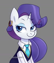 Size: 1387x1636 | Tagged: safe, artist:handgunboi, character:rarity, species:pony, species:unicorn, g4, clothing, colored eyebrows, ear piercing, earring, eye clipping through hair, eyebrows, eyebrows visible through hair, fashion, female, gray background, jewelry, mare, necktie, piercing, signature, simple background, smiling, solo, three quarter view, vest