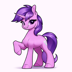 Size: 3200x3200 | Tagged: safe, artist:aquaticvibes, character:amethyst star, character:sparkler, species:pony, species:unicorn, g4, awwmethyst star, cutie mark, eyelashes, female, grin, hooves, horn, looking at you, mare, one hoof raised, simple background, smiling, solo, tail