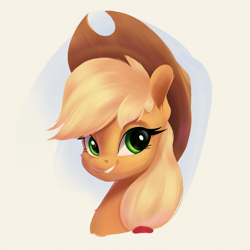 Size: 3083x3084 | Tagged: safe, artist:aquaticvibes, character:applejack, species:earth pony, species:pony, g4, applejack's hat, bust, clothing, cowboy hat, cute, eyelashes, female, freckles, hat, jackabetes, looking sideways, mare, ponytail, portrait, simple background, smiling, solo, stetson