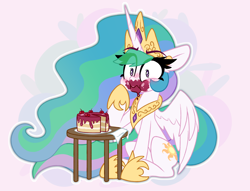 Size: 2542x1940 | Tagged: safe, artist:nekro-led, character:princess celestia, species:alicorn, species:pony, ponytober, g4, abstract background, blushing, cake, cakelestia, clothing, colored eyebrows, crown, cute, eye clipping through hair, eyebrows, female, food, hoof shoes, jewelry, mare, necklace, peytral, puffy cheeks, regalia, shoes, sitting, surprised, table, that pony sure does love cakes, wings
