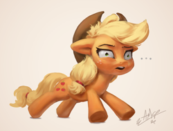 Size: 1260x960 | Tagged: safe, artist:assasinmonkey, character:applejack, species:earth pony, species:pony, g4, ..., anniversary, beige background, brown background, clothing, cowboy hat, female, floppy ears, hat, mare, mlp fim's twelfth anniversary, open mouth, signature, simple background, stetson, wat