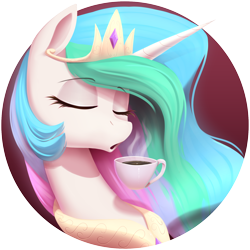 Size: 1750x1750 | Tagged: safe, artist:thebatfang, character:princess celestia, species:alicorn, species:pony, g4, bust, crown, cup, drink, ethereal mane, eyebrows, eyebrows visible through hair, eyelashes, eyes closed, female, horn, jewelry, mare, necklace, peytral, portrait, regalia, solo, steam, tea, teacup, transparent background