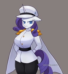 Size: 1422x1551 | Tagged: safe, artist:handgunboi, character:rarity, species:anthro, species:pony, species:unicorn, g4, angry, belt, breasts, busty rarity, cape, clothing, eyelashes, female, floppy ears, frown, gray background, hat, horn, hourglass figure, mare, military, military uniform, pants, simple background, solo, tail, uniform