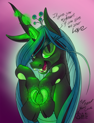 Size: 1524x2000 | Tagged: safe, artist:sepiakeys, character:queen chrysalis, species:changeling, species:pony, g4, changeling queen, crown, dialogue, fangs, female, floppy ears, gradient background, hooves together, horn, jewelry, looking at you, mare, open mouth, questionable source, regalia, sharp teeth, simple background, slit eyes, solo, text