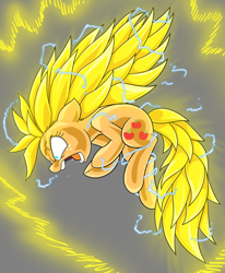 Size: 990x1204 | Tagged: safe, artist:mickeymonster, character:applejack, species:earth pony, species:pony, g4, anime, crossover, dragon ball, dragon ball z, female, gray background, mare, open mouth, parody, profile, simple background, solo, super saiyan, super saiyan 3