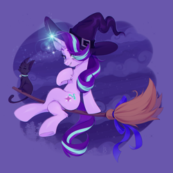 Size: 2515x2515 | Tagged: safe, artist:ilightningstari, character:starlight glimmer, species:pony, species:unicorn, g4, :3, bell, bell collar, broom, cat, chest fluff, clothing, collar, colored eyebrows, commission, crossed legs, eye clipping through hair, eyebrows, female, flying, flying broomstick, glowing, glowing horn, halloween, hat, high res, holiday, hoof on chest, hooves, horn, lens flare, looking at you, magic, mare, night, purple background, simple background, smiling, smiling at you, solo, tail, witch, witch hat, ych result