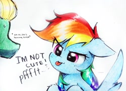 Size: 2238x1629 | Tagged: safe, artist:liaaqila, character:rainbow dash, character:zephyr breeze, species:pegasus, species:pony, g4, blatant lies, cute, dashabetes, dialogue, duo, english, eye clipping through hair, female, floppy ears, i'm not cute, implied zephdash, liaaqila is trying to murder us, male, mare, raspberry, simple background, spread wings, stallion, sweat, sweatdrop, text, tongue out, traditional art, white background, wings