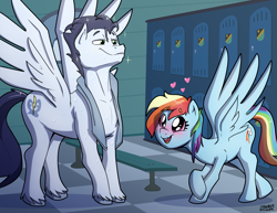Size: 3300x2550 | Tagged: safe, artist:strangerdanger, derpibooru original, character:rainbow dash, character:soarin', species:pegasus, species:pony, ship:soarindash, episode:wonderbolts academy, g4, my little pony: friendship is magic, big wings, blushing, colored hooves, cute, dashabetes, duo, female, heart, hooves, indoors, locker room, male, mare, sexy, shipping, signature, size difference, spread wings, stallion, straight, stupid sexy soarin', towel, unshorn fetlocks, wet, wet mane, wings