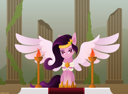 Size: 3000x2211 | Tagged: safe, artist:andaluce, character:pipp petals, species:pegasus, species:pony, g5, circlet, clothing, colored eyebrows, explicit source, eyebrows, female, high res, hoof shoes, jewelry, lineless, looking at you, mare, pipp wings, red eyes, regalia, ruins, shoes, sitting, smiling, solo, spread wings, temple, wings