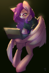 Size: 1367x2051 | Tagged: safe, artist:rainsketch, character:pipp petals, species:pegasus, species:pony, g5, clothing, colored eyebrows, computer, dark background, ear down, eyebrows, female, laptop computer, mare, pipp wings, red eyes, semi-anthro, shirt, signature, simple background, solo, t-shirt, wings