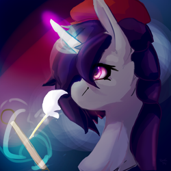 Size: 2160x2160 | Tagged: safe, artist:rainsketch, character:onyx, species:pony, species:unicorn, g5, abstract background, beatnik pony, bust, clothing, colored pupils, female, glowing horn, hat, horn, magic, magic aura, mare, profile, signature, solo, telekinesis