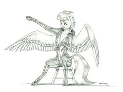Size: 1500x1119 | Tagged: safe, artist:baron engel, patreon reward, character:misty fly, species:pegasus, species:pony, g4, clothing, cute, dressing, explicit source, female, grimdark source, holding, mare, mouth hold, sitting, solo, spread wings, stool, uniform, unzipped, wings, wonderbolts, wonderbolts uniform