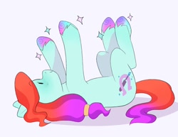 Size: 1200x925 | Tagged: safe, artist:aztrial, character:jazz hooves, species:earth pony, species:pony, g5, colored hooves, cute, gradient hair, gradient hooves, hoof polish, hooves, jazzibetes, looking at something, lying down, multicolored hair, on back, profile, simple background, smiling, solo, unshorn fetlocks, white background