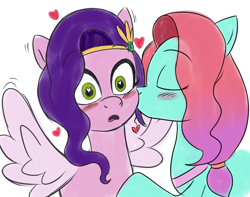 Size: 4137x3265 | Tagged: safe, artist:eagc7, character:jazz hooves, character:pipp petals, species:earth pony, species:pegasus, species:pony, ship:pizzazz, g5, blushing, cheek kiss, duo, duo female, eyes closed, eyes open, female, heart, heart eyes, kissing, lesbian, mare, pipp wings, shipping, simple background, sketch, spread wings, wingboner, wingding eyes, wings