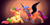 Size: 3059x1550 | Tagged: safe, artist:arky2000, manebooru spotlight, character:nightmare moon, character:posey bloom, character:princess luna, character:sunny starscout, species:earth pony, species:pony, episode:nightmare night party, g4, g5, my little pony: tell your tale, spoiler:g5, spoiler:my little pony: tell your tale, spoiler:tyts01e30, clothing, colored hooves, cosplay, costume, duo, duo female, evil smirk, eyebrows, fake horn, fake wings, female, floppy ears, gradient background, high res, holiday, hooves, looking at each other, mare, nightmare night, nightmare night costume, nightmare sunny, profile, scared, smiling, spread wings, wings