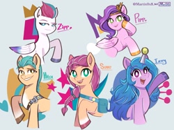 Size: 1423x1069 | Tagged: safe, artist:0x8martix, character:hitch trailblazer, character:izzy moonbow, character:pipp petals, character:sunny starscout, character:zipp storm, species:earth pony, species:pegasus, species:pony, species:unicorn, g5, my little pony: a new generation, bag, ball, bandolier, blaze (coat marking), braid, bust, childproof horn, circlet, coat markings, cutie mark, cutie mark background, female, gradient hair, horn, hornball, izzy's tennis ball, male, mane g5, mare, multicolored hair, pipp wings, socks (coat marking), stallion, tennis ball, text, toy, unshorn fetlocks, white pupils