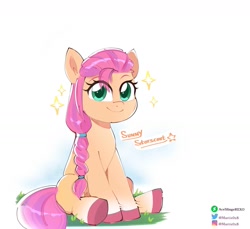 Size: 1725x1578 | Tagged: safe, artist:0x8martix, character:sunny starscout, species:earth pony, species:pony, g5, my little pony: a new generation, colored hooves, cute, female, hooves, looking at you, mare, simple background, sitting, smiling, smiling at you, solo, stars, sunnybetes, underhoof, unshorn fetlocks, white background