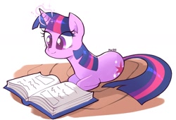 Size: 1992x1356 | Tagged: safe, artist:0x8martix, character:twilight sparkle, character:twilight sparkle (unicorn), species:pony, species:unicorn, g4, book, colored pupils, eye clipping through hair, female, glowing horn, horn, lying down, magic, magic aura, mare, ponyloaf, prone, signature, sitting, solo