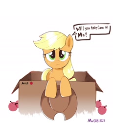 Size: 1771x1917 | Tagged: safe, artist:0x8martix, character:applejack, species:earth pony, species:pony, g4, apple, applejack's hat, box, bronybait, clothing, cowboy hat, cute, dialogue, female, food, freckles, hat, jackabetes, looking at you, mare, pony in a box, signature, simple background, solo, speech bubble, stetson, text, white background