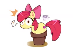 Size: 1992x1356 | Tagged: safe, artist:0x8martix, character:apple bloom, species:earth pony, species:pony, g4, adorabloom, apple family member, cute, dialogue, emanata, female, filly, foal, plant pot, question mark, shocked, signature, simple background, solo, speech bubble, text, three quarter view, white background, wide eyes, young