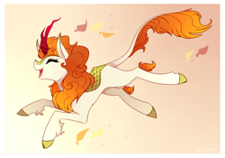 Size: 5000x3500 | Tagged: safe, artist:pointdelta, character:autumn blaze, species:kirin, g4, absurd resolution, autumn, awwtumn blaze, cloven hooves, colored hooves, cute, eyes closed, female, gradient background, hooves, leaves, open mouth, open smile, profile, smiling, solo