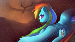Size: 4100x2300 | Tagged: safe, artist:auroriia, character:rainbow dash, species:pegasus, species:pony, g4, cloud, commission, cutie mark, female, flying, high res, looking back, mare, no pupils, profile, rain, signature, sky