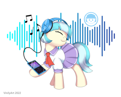 Size: 1672x1336 | Tagged: safe, artist:vinilyart, character:coco pommel, species:earth pony, species:pony, g4, clothing, cocobetes, cravat, cute, eyelashes, eyes closed, female, headphones, iphone, mare, music notes, pleated skirt, school uniform, shirt, simple background, skirt, smiling, solo, uniform, white background